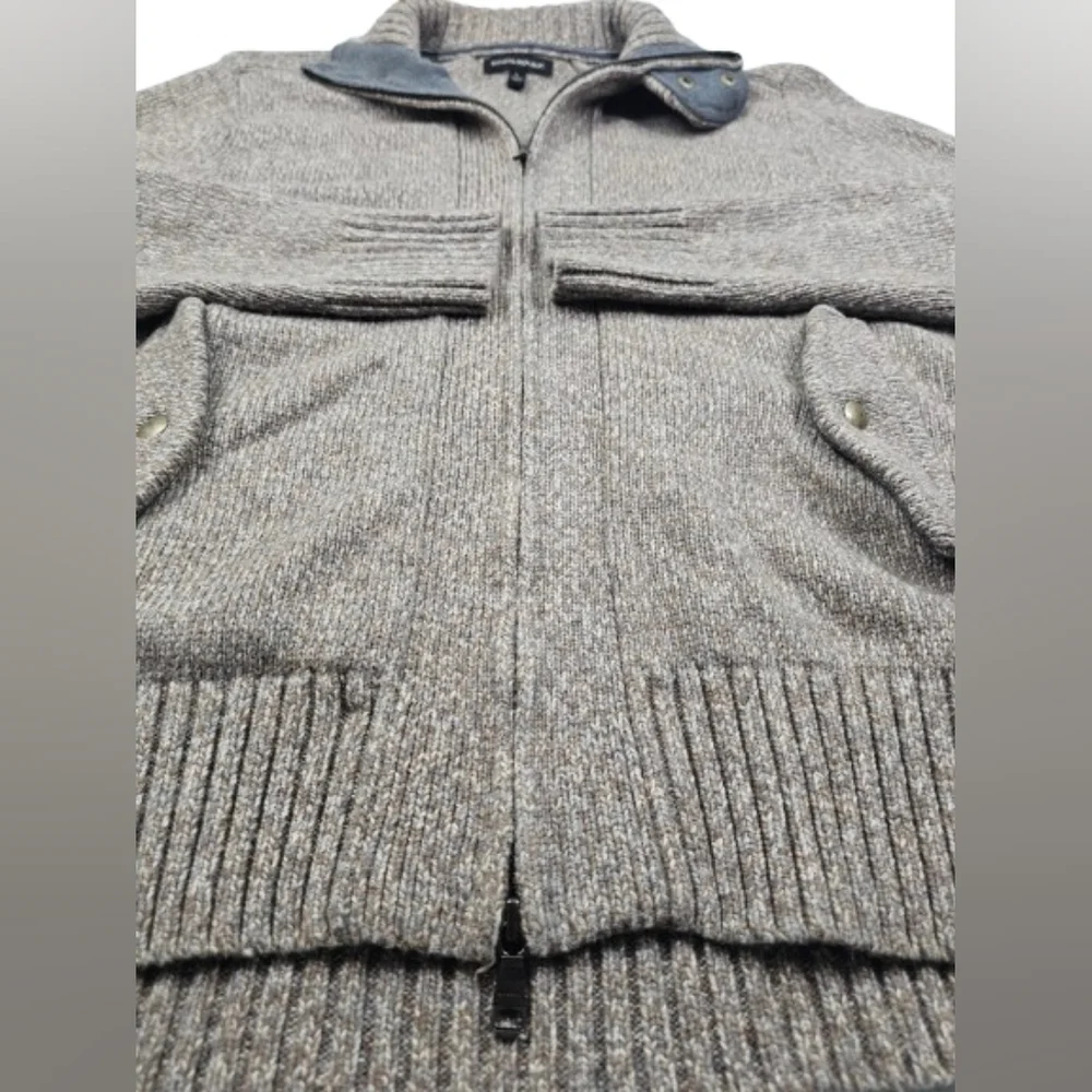 Banana Republic Lambs Wool Blend Variegated Taupe Tan Gray Knit Full Zip Sweater
